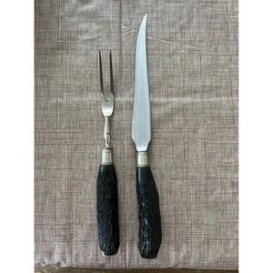 Vintage Stag Horn Handle Carving Set Knife and Fork Rustic Black Silver Tone